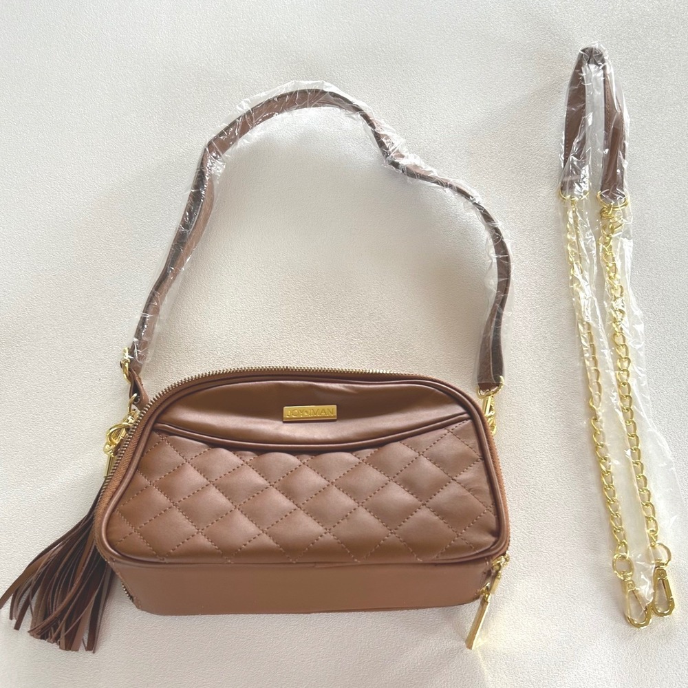 Wms Classic Quilted Crossbody Bag Cognac Brown Gold Hardware Tassel Joy & Iman